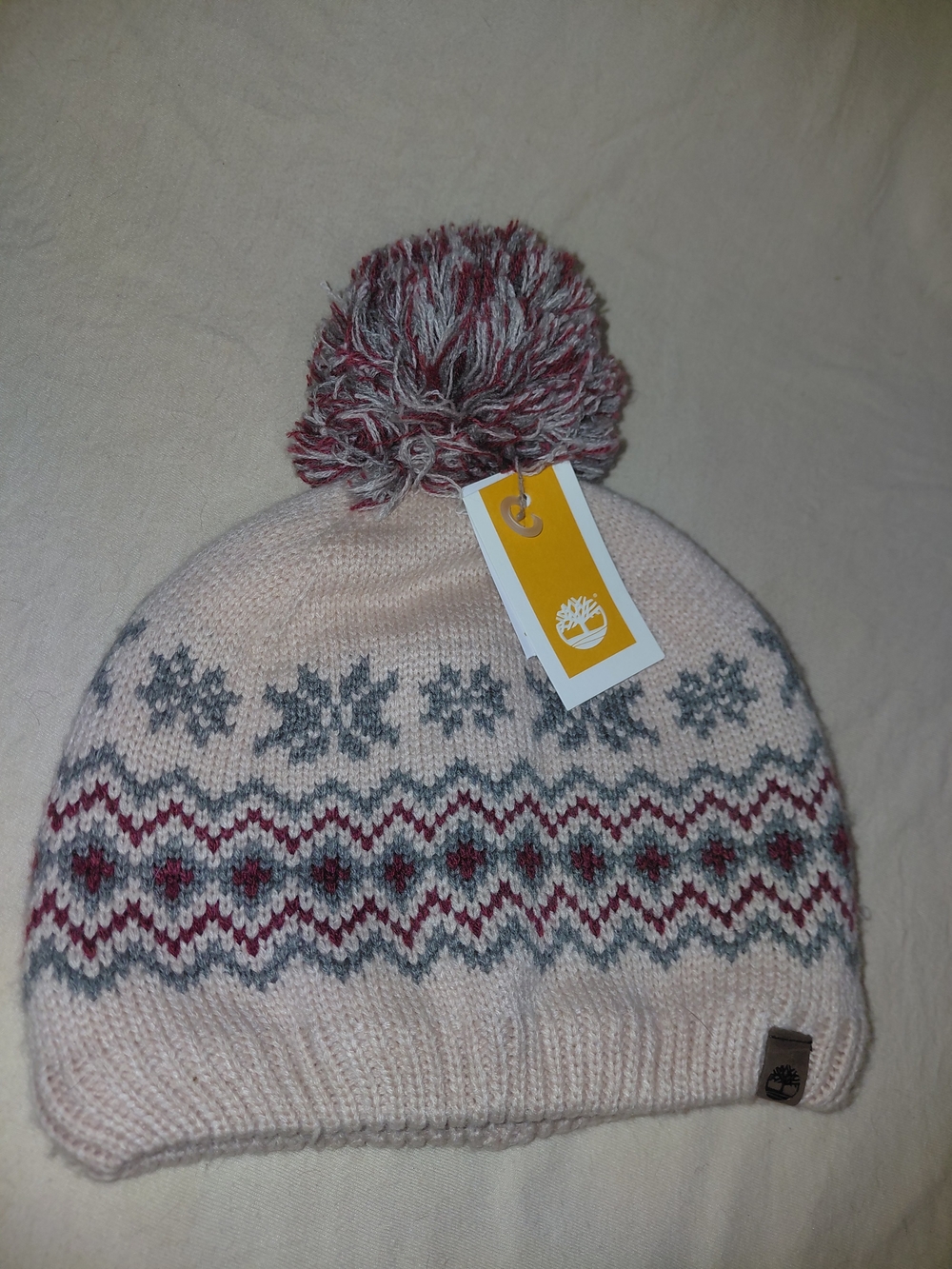 Timberland Pink Gray and Burgundy Fair Isle Pom Hat NWT